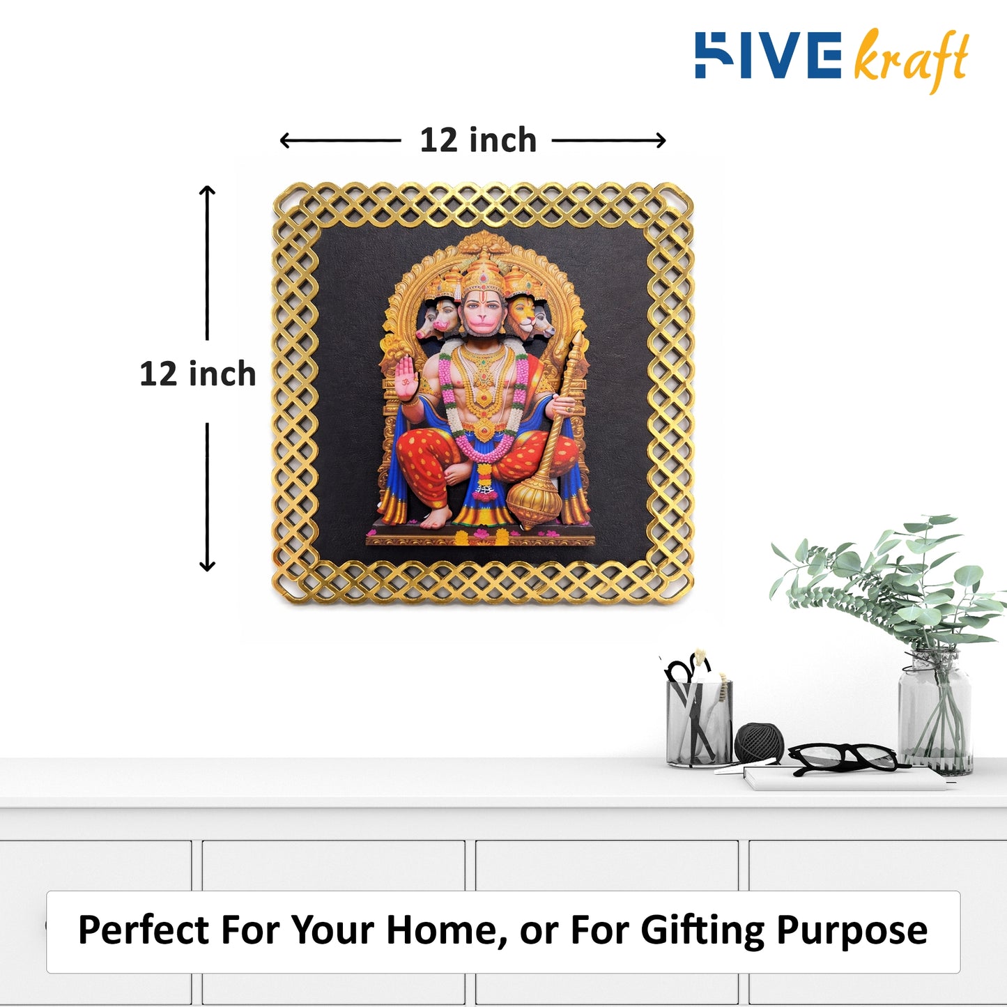 FIVE KRAFT Premium Panchmukhi Hanuman Wall Art | Multi Layer MDF 3D Wooden Religious Wall Art with Golden Frame | UV Printed Laser Cut Hanuman Ji Wall Hanging for Home Temple & Pooja Room | 12x12 Inch