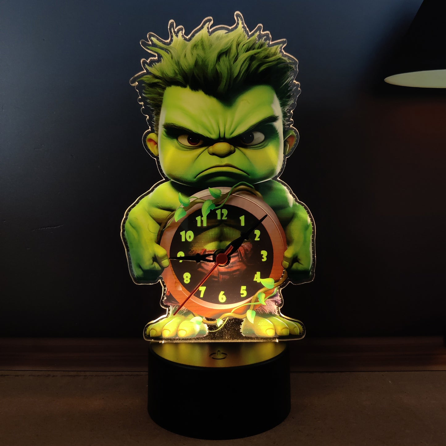 Super Hero Premium Table Clock with LED Base Light in Warm Colour | Table Top Decor for Kids Room