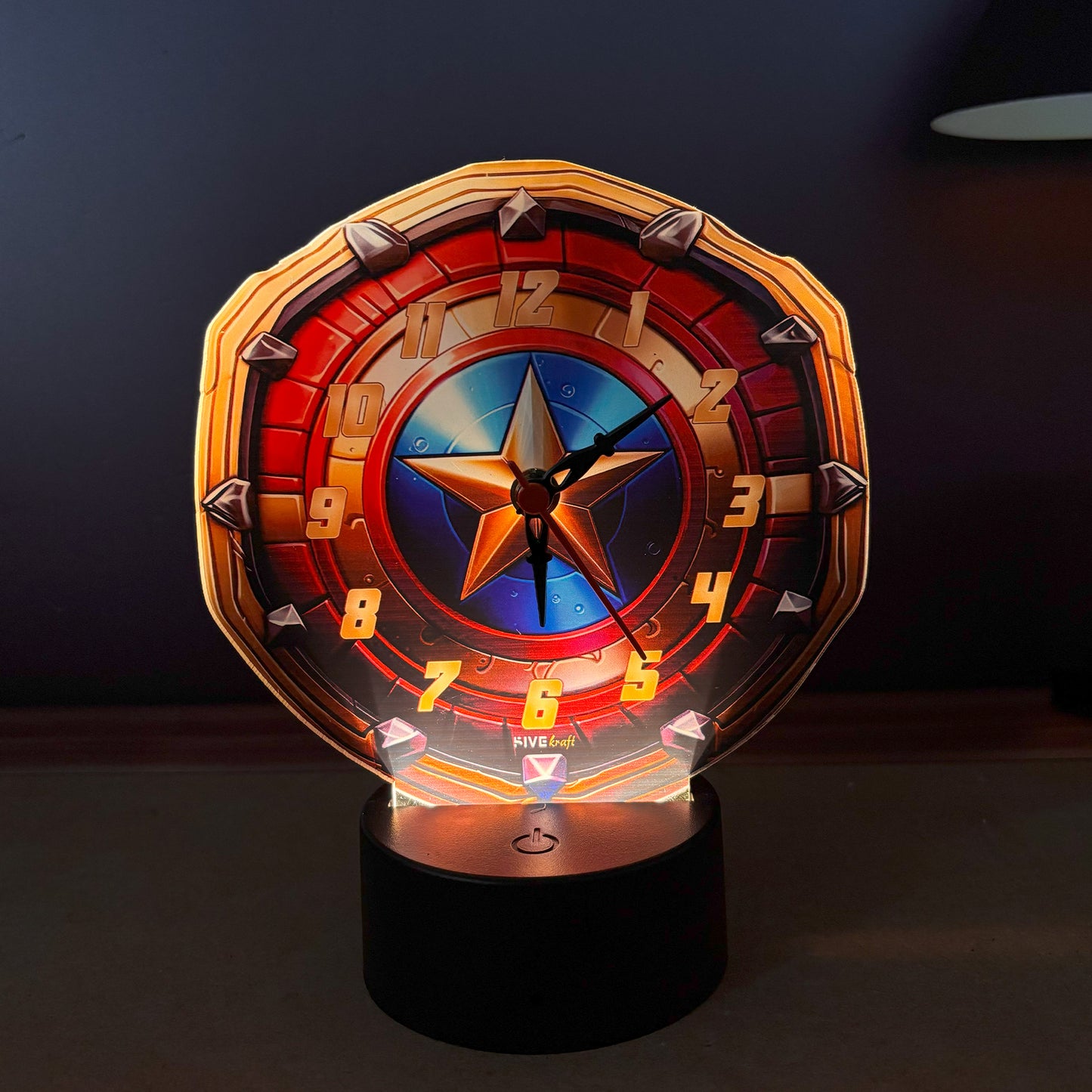 Super Hero Shield Premium Table Clock with LED Base Light in Warm Colour | Table Top Decor for Kids Room