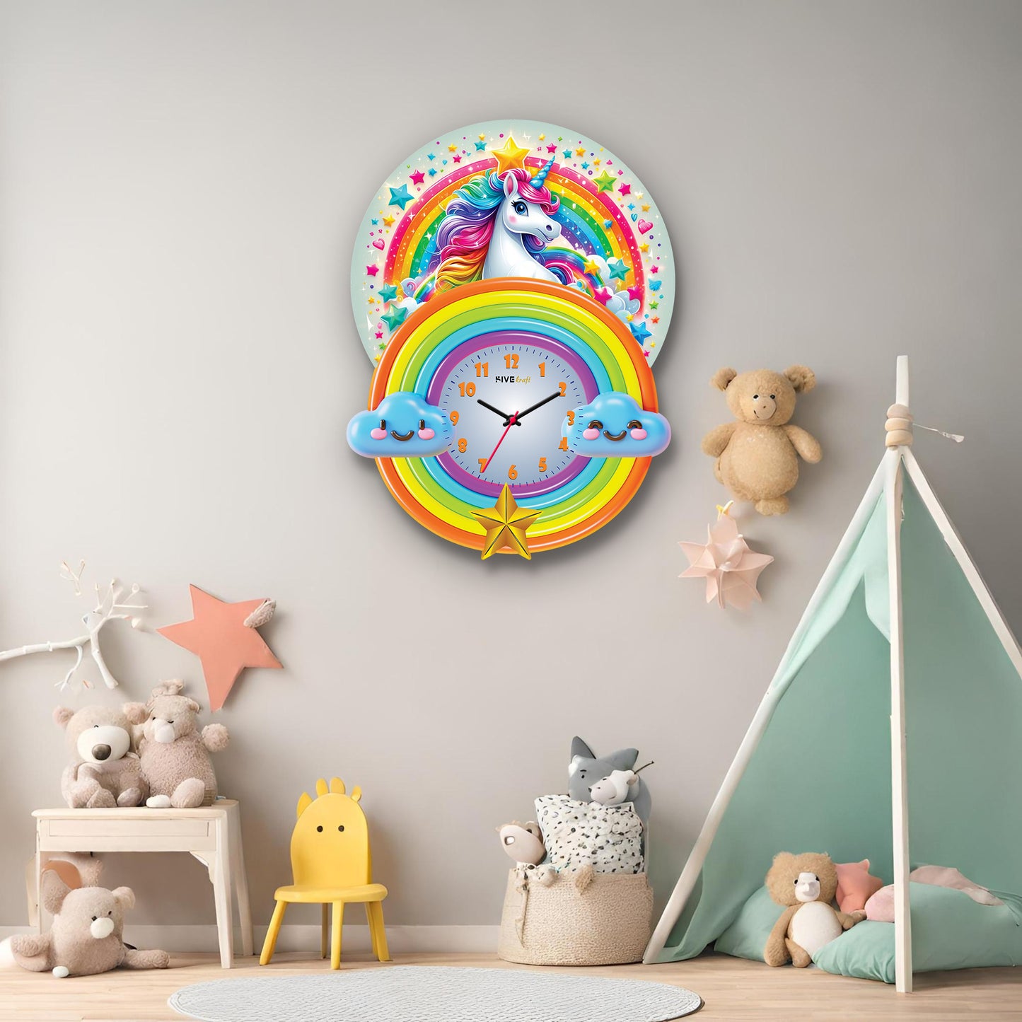 Unicorn Rainbow Wall Clock for Kids' Rooms | Analog Clock | Acrylic Base
