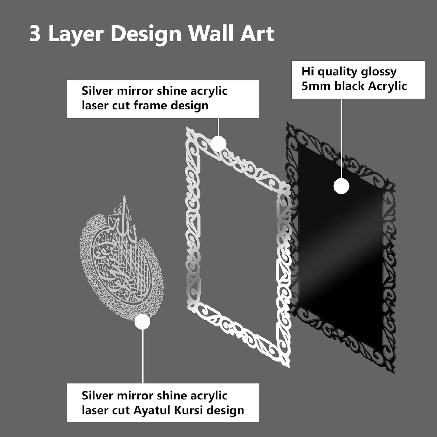 Premium 3D Ayatul Kursi Islamic Wall Art in Double Layer Silver Shinning Acrylic | Silver Arabic Calligraphy Frame | Black Base | Quran Verse Muslim Home Decor for Living Room, Bedroom, Office & Masjid | 16x24 Inches (Black & Silver)
