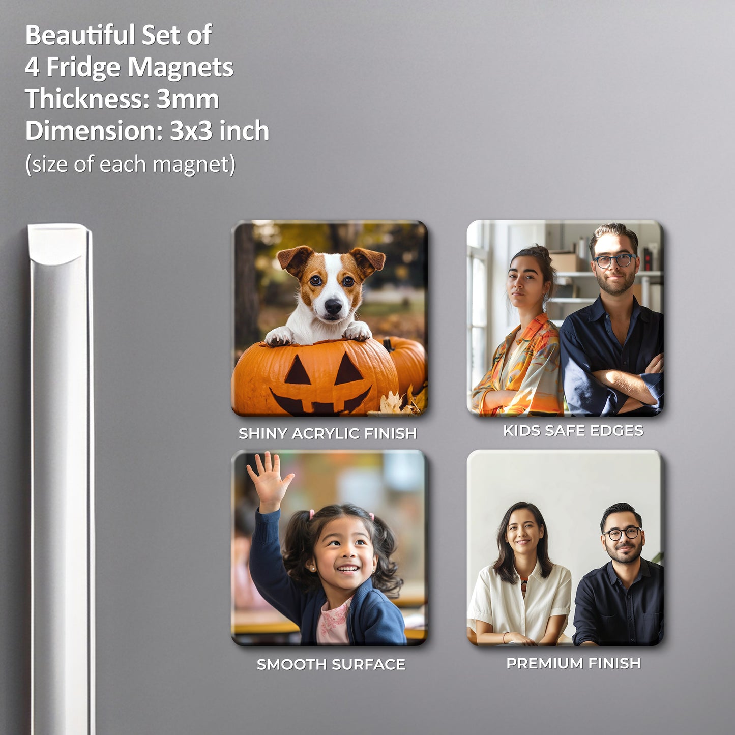 Customized Fridge Magnets Rounded Square Shape | 3x3 inch 3mm | Personalized Magnets for Refrigerator, Office, Locker | Decorative Magnetic Stickers for Home & Gifting | Set of 4