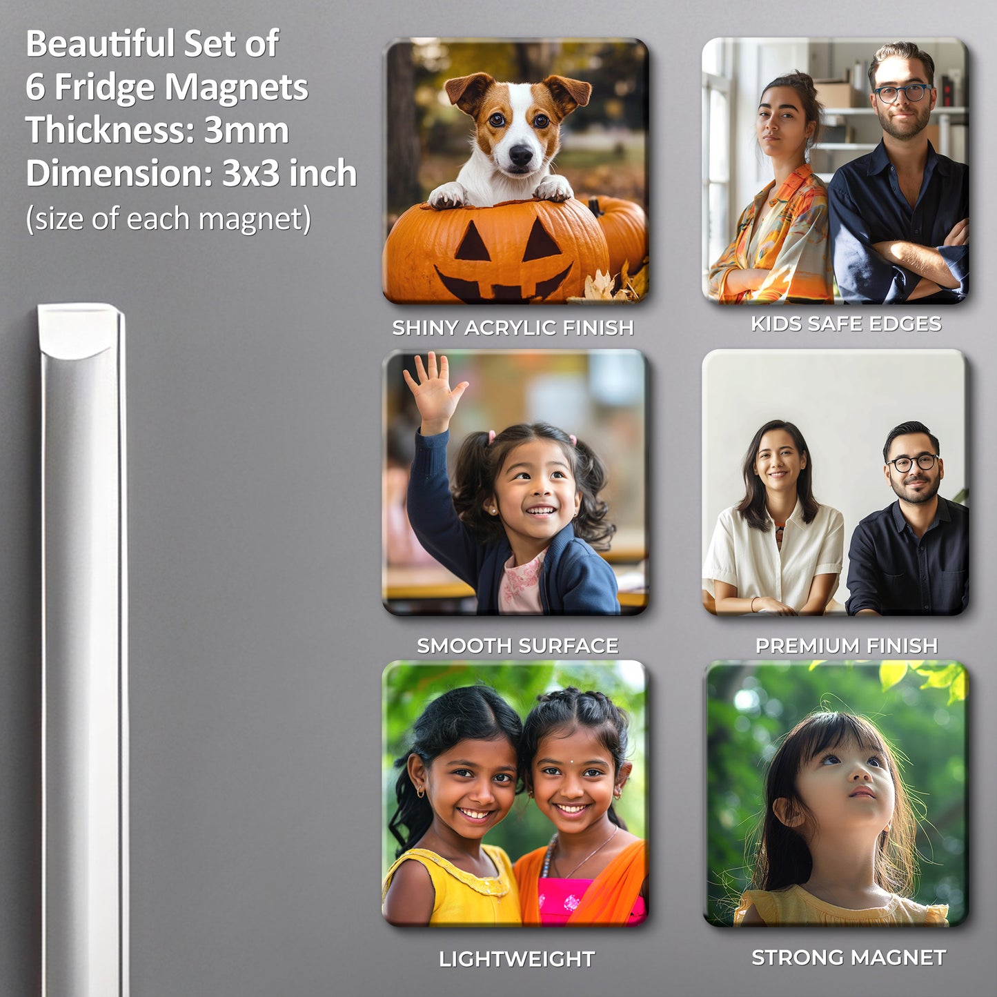 Customized Fridge Magnets Rounded Square Shape | 3x3 inch 3mm | Personalized Magnets for Refrigerator, Office, Locker | Decorative Magnetic Stickers for Home & Gifting | Set of 6