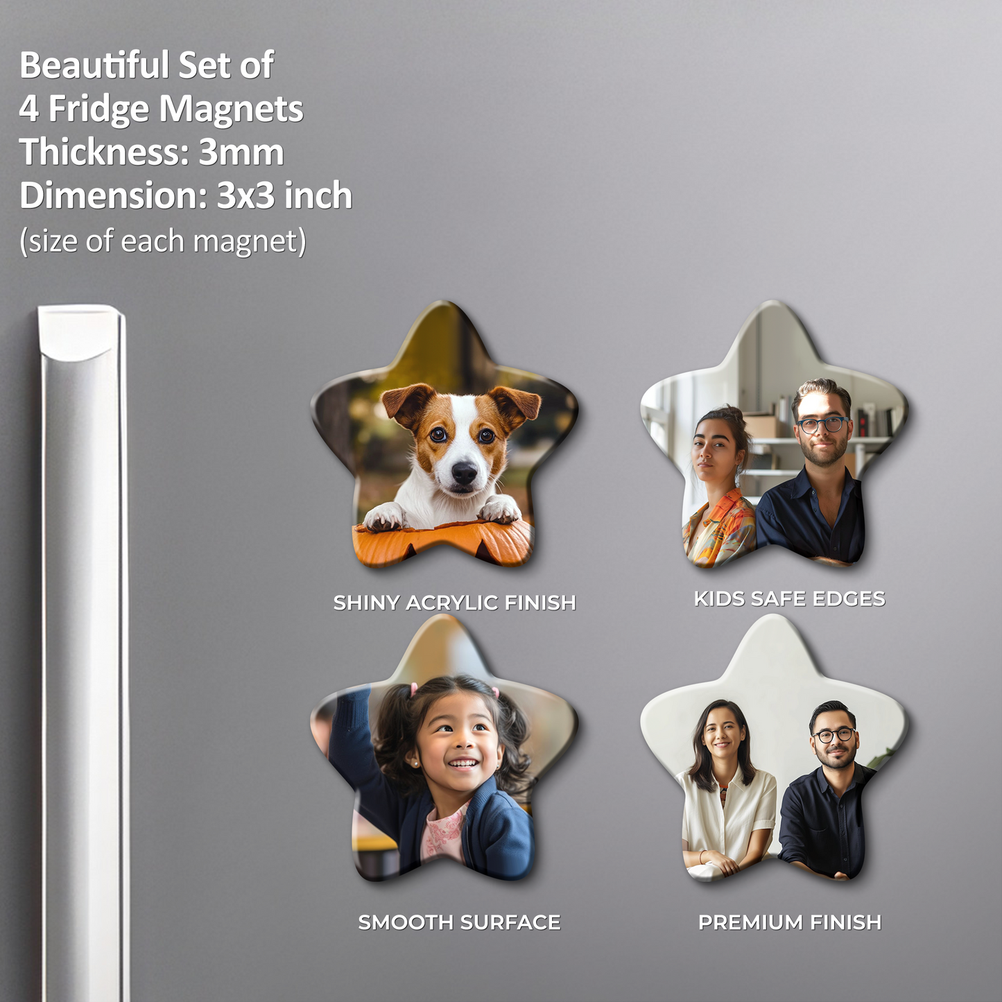Customized Fridge Magnets Star Shape | 3x3 inch 3mm | Personalized Magnets for Refrigerator, Office, Locker | Decorative Magnetic Stickers for Home & Gifting | Set of 4