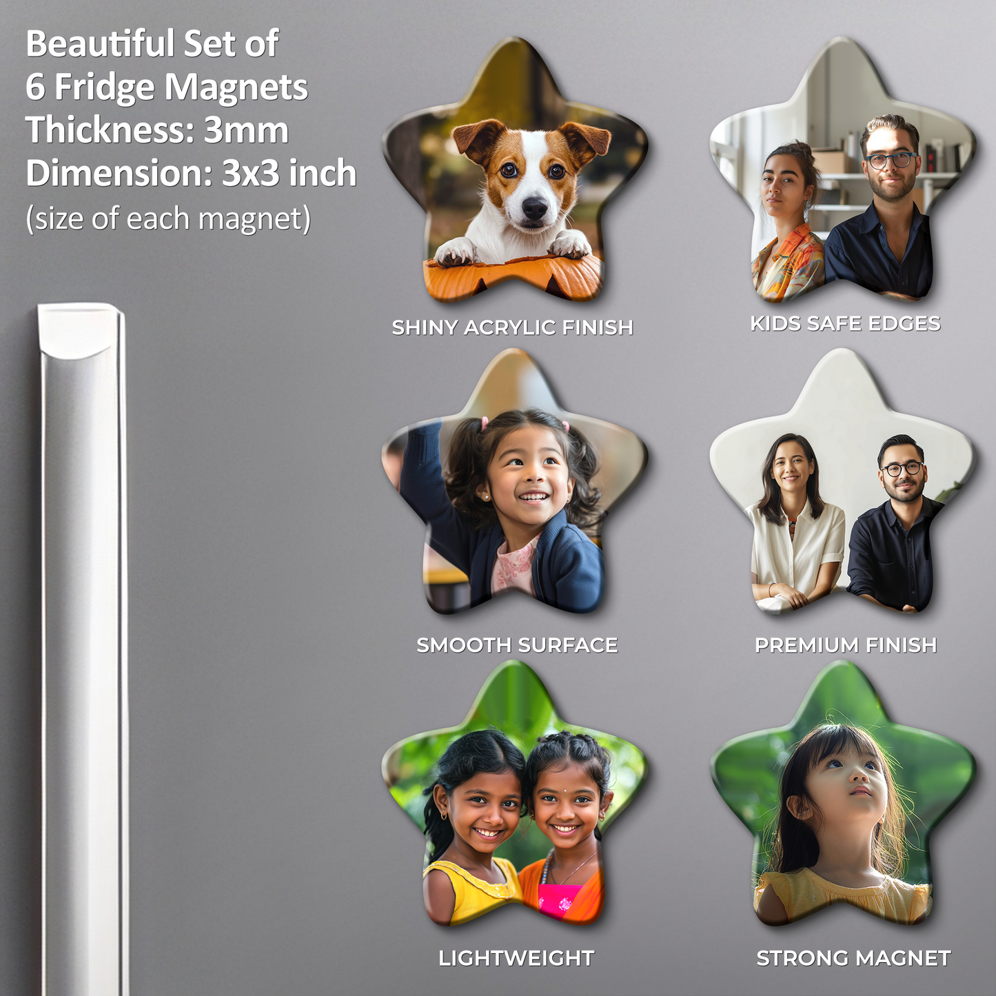 Customized Fridge Magnets Star Shape | 3x3 inch 3mm | Personalized Magnets for Refrigerator, Office, Locker | Decorative Magnetic Stickers for Home & Gifting | Set of 6