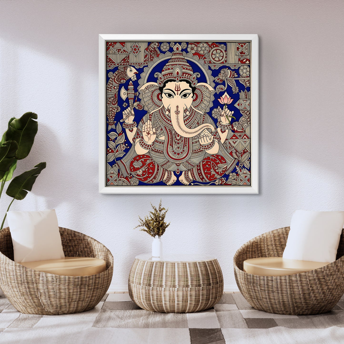 Premium Lord Ganesha Acrylic Wall Art | Traditional Madhubani Art Style | Ganpati Painting for Home, Pooja Room & Office | UV Print with White Frame