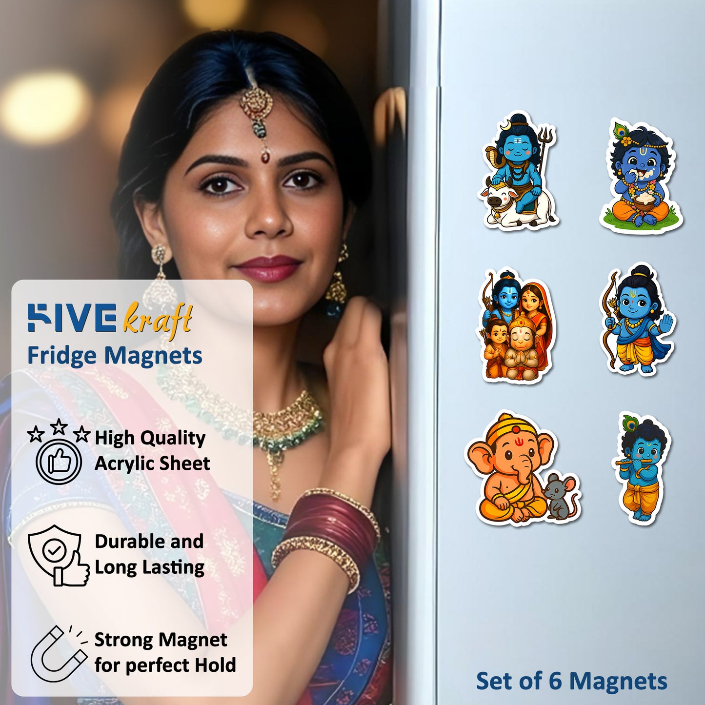Hindu God Fridge Magnets Acrylic | Set of 6 Cute Cartoon Style Little Krishna, Ganesha, Shiva, Hanuman & Ram Parivar – Spiritual Decorative Magnets for Fridge, Locker, Office