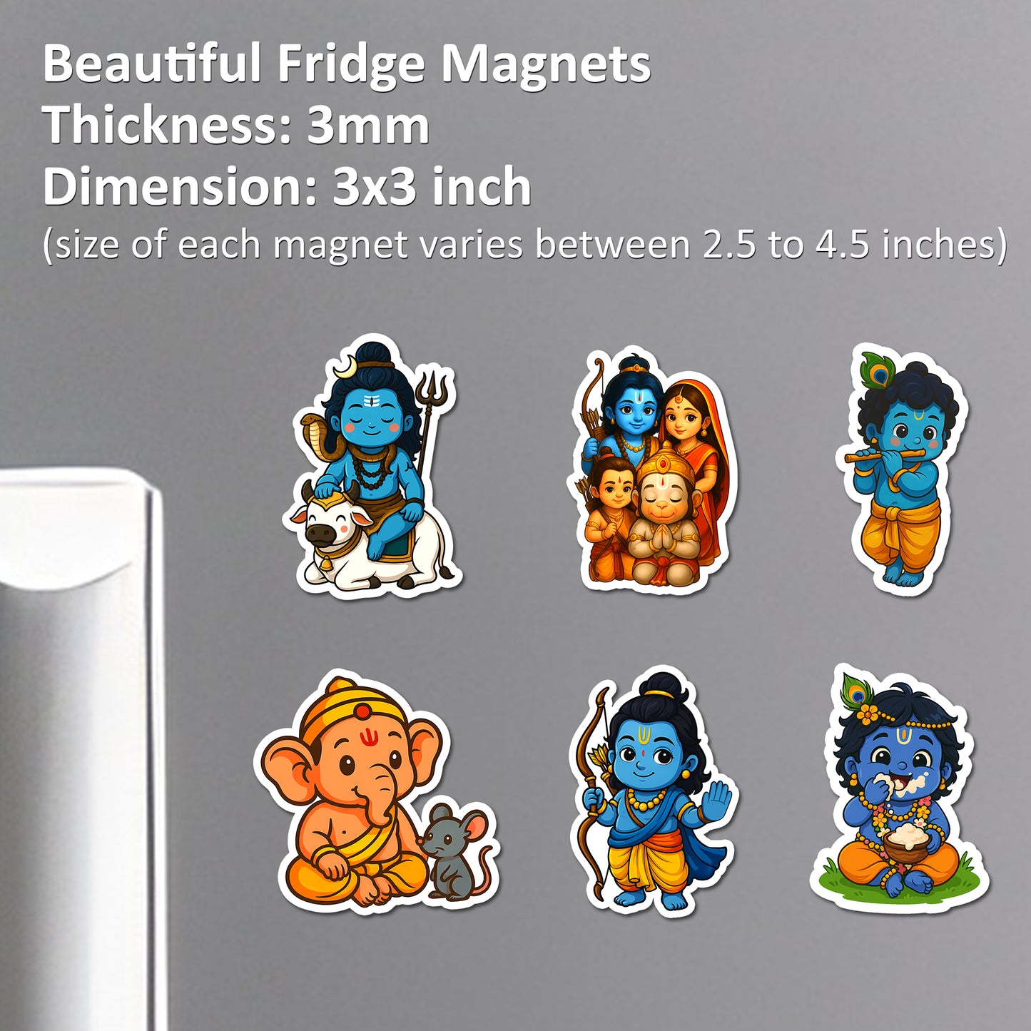Hindu God Fridge Magnets Acrylic | Set of 6 Cute Cartoon Style Little Krishna, Ganesha, Shiva, Hanuman & Ram Parivar – Spiritual Decorative Magnets for Fridge, Locker, Office