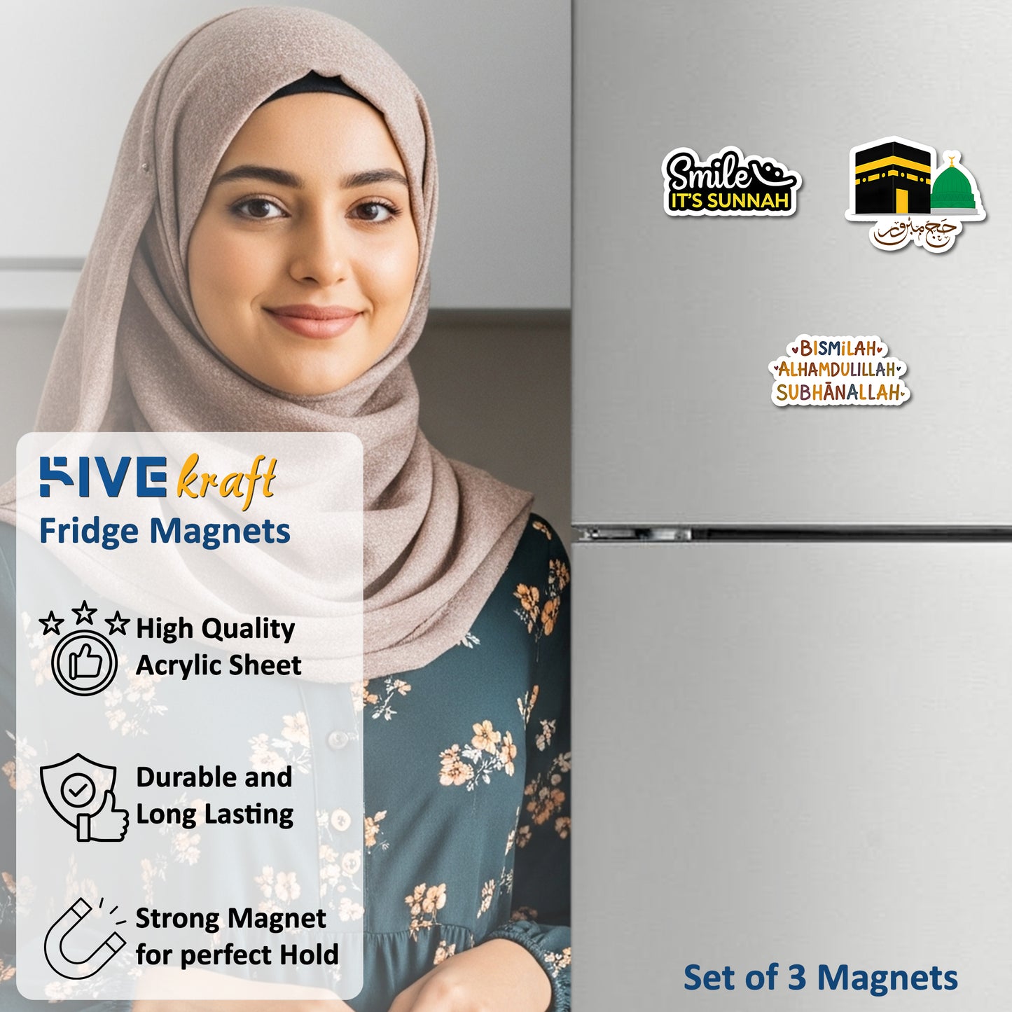 Islamic Acrylic Fridge Magnets Set of 3 | 3x3 Kaaba, Masjid Nabawi & Islamic Quotes | Strong Decorative Refrigerator Magnets for Home, Kitchen & Muslim Gifts