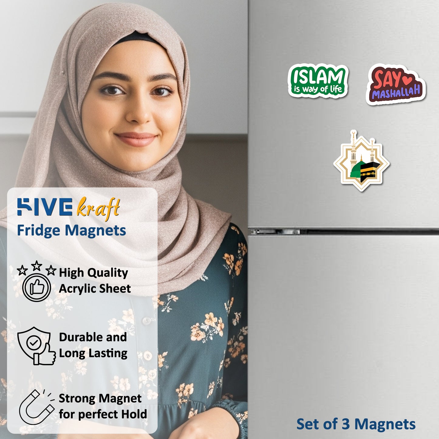 Islamic Acrylic Fridge Magnets Set of 3 | 3x3 Inch Kaaba, Masjid Nabawi & Islamic Quotes | Decorative Fridge Magnets for Home, Kitchen & Muslim Gifts