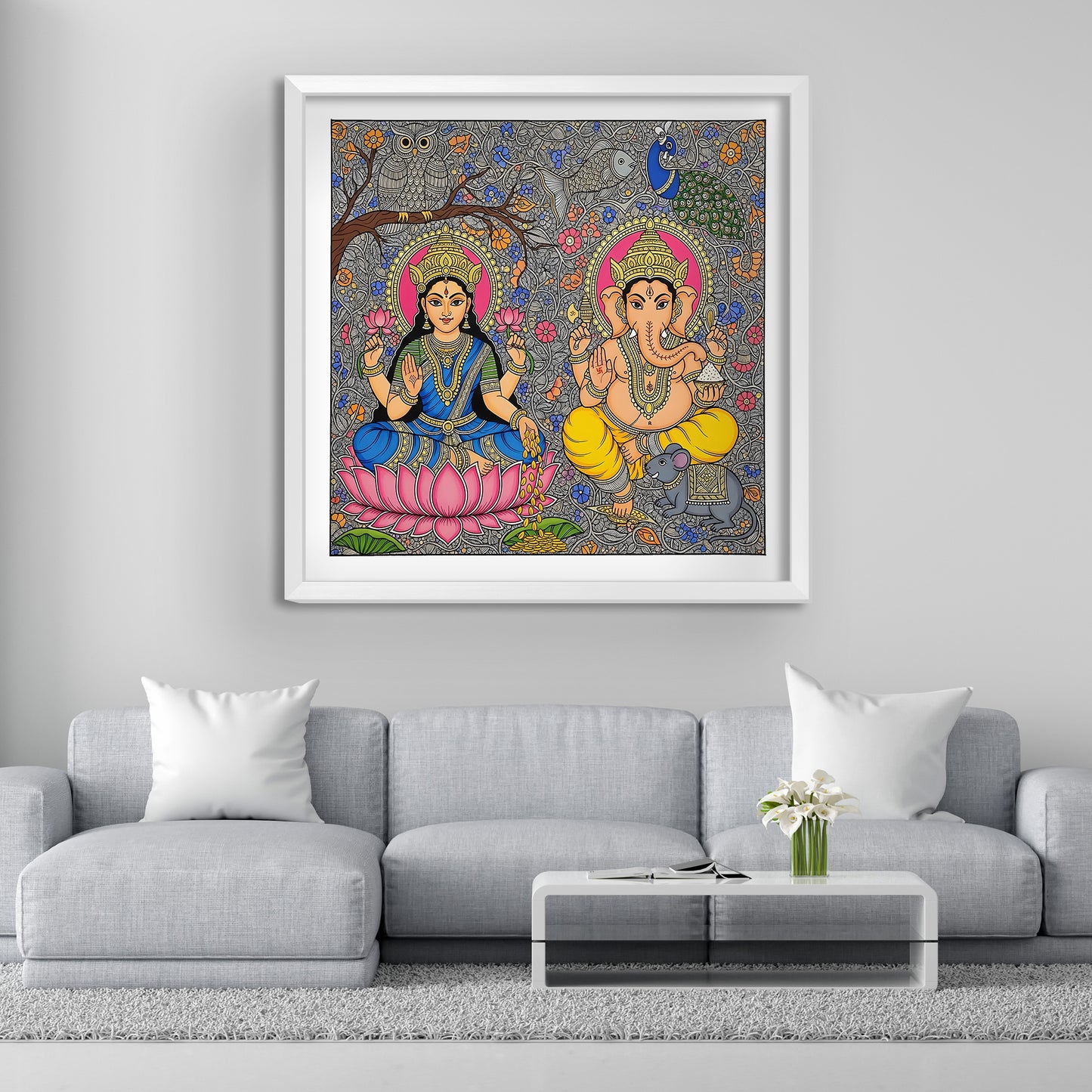 Laxmi Ganesha Wall Art | Glass Finishing Madhubani Painting on Acrylic UV Print Frame | Indian Traditional Wall Decor | Festive Diwali Gift | Vastu Positive Energy Artwork
