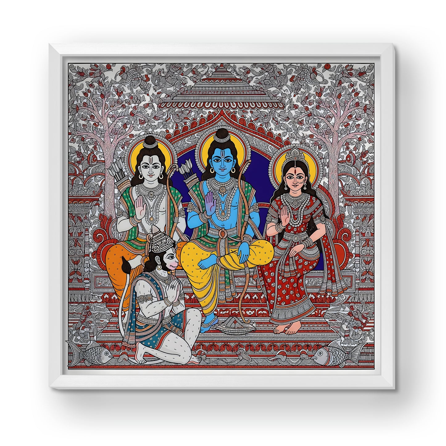 Premium Ram Darbar Madhubani Acrylic Wall Art with Glossy Finishing Lord Ram, Sita, Lakshman & Hanuman White Frame | Traditional Indian Painting for Pooja Room & Festivals