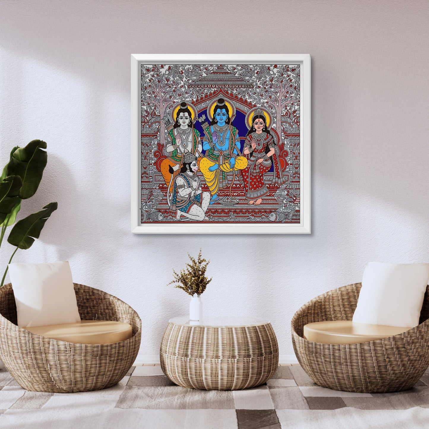 Premium Ram Darbar Madhubani Acrylic Wall Art with Glossy Finishing Lord Ram, Sita, Lakshman & Hanuman White Frame | Traditional Indian Painting for Pooja Room & Festivals