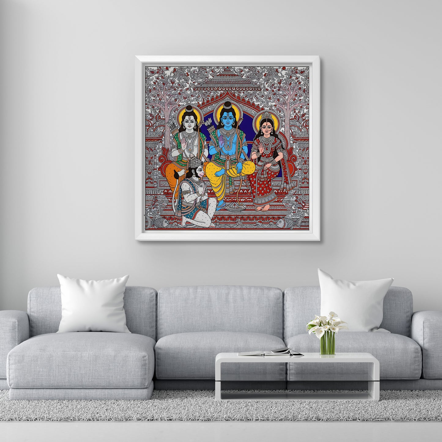 Premium Ram Darbar Madhubani Acrylic Wall Art with Glossy Finishing Lord Ram, Sita, Lakshman & Hanuman White Frame | Traditional Indian Painting for Pooja Room & Festivals