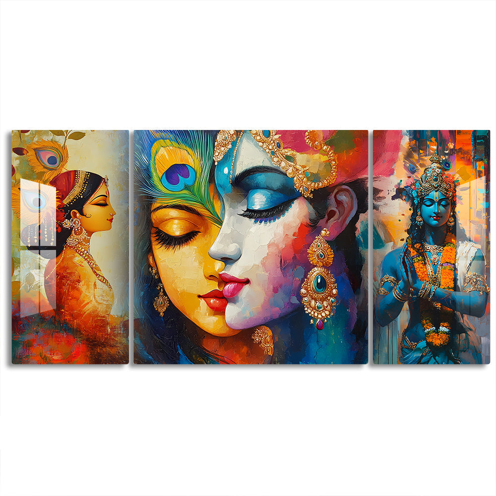 Radha Krishna Prayer Pose Set of 3 Acrylic Wall Art Modern Spiritual Painting