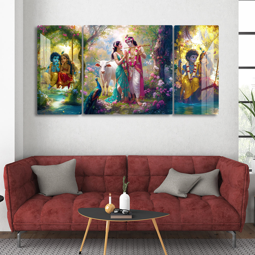 Radha Krishna Wall Art Set of 3 | Traditional Hindu God Painting with Cow, Peacock & Vrindavan