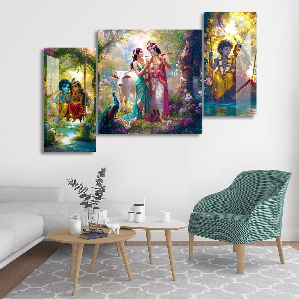 Radha Krishna Wall Art Set of 3 | Traditional Hindu God Painting with Cow, Peacock & Vrindavan