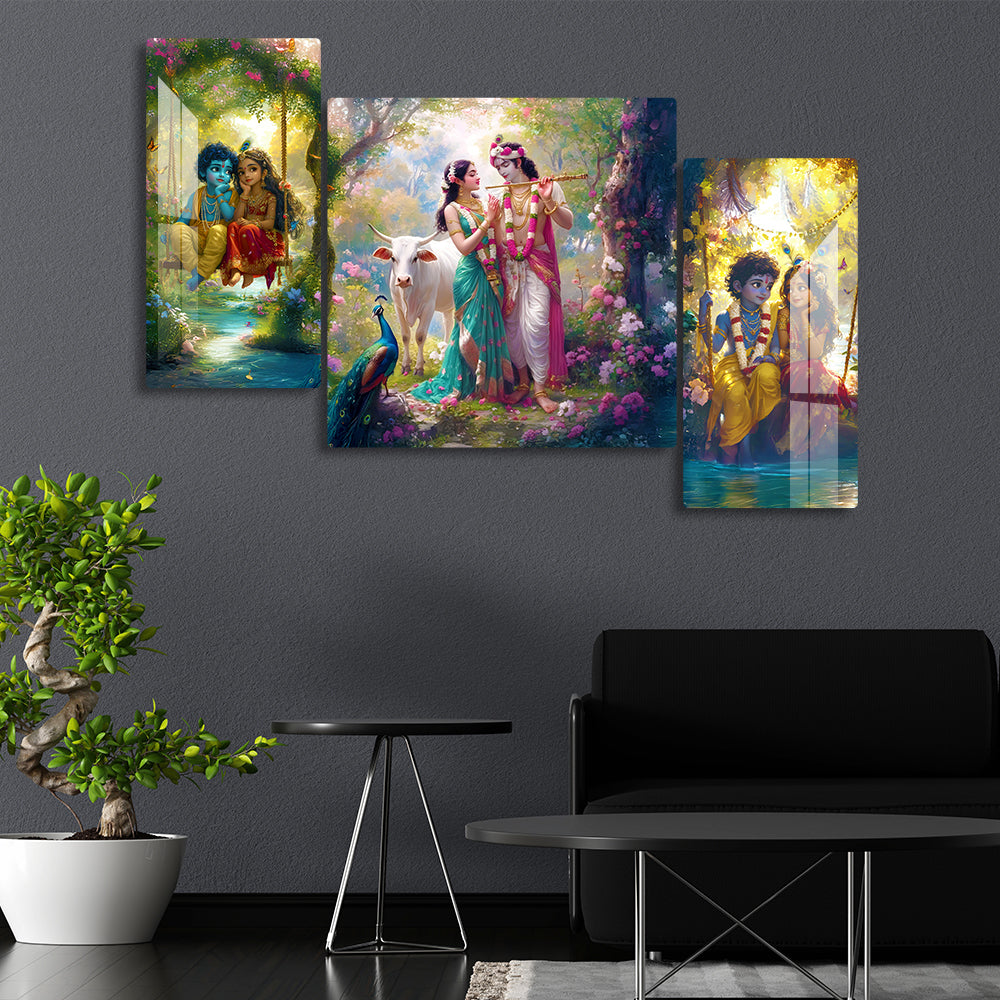 Radha Krishna Wall Art Set of 3 | Traditional Hindu God Painting with Cow, Peacock & Vrindavan