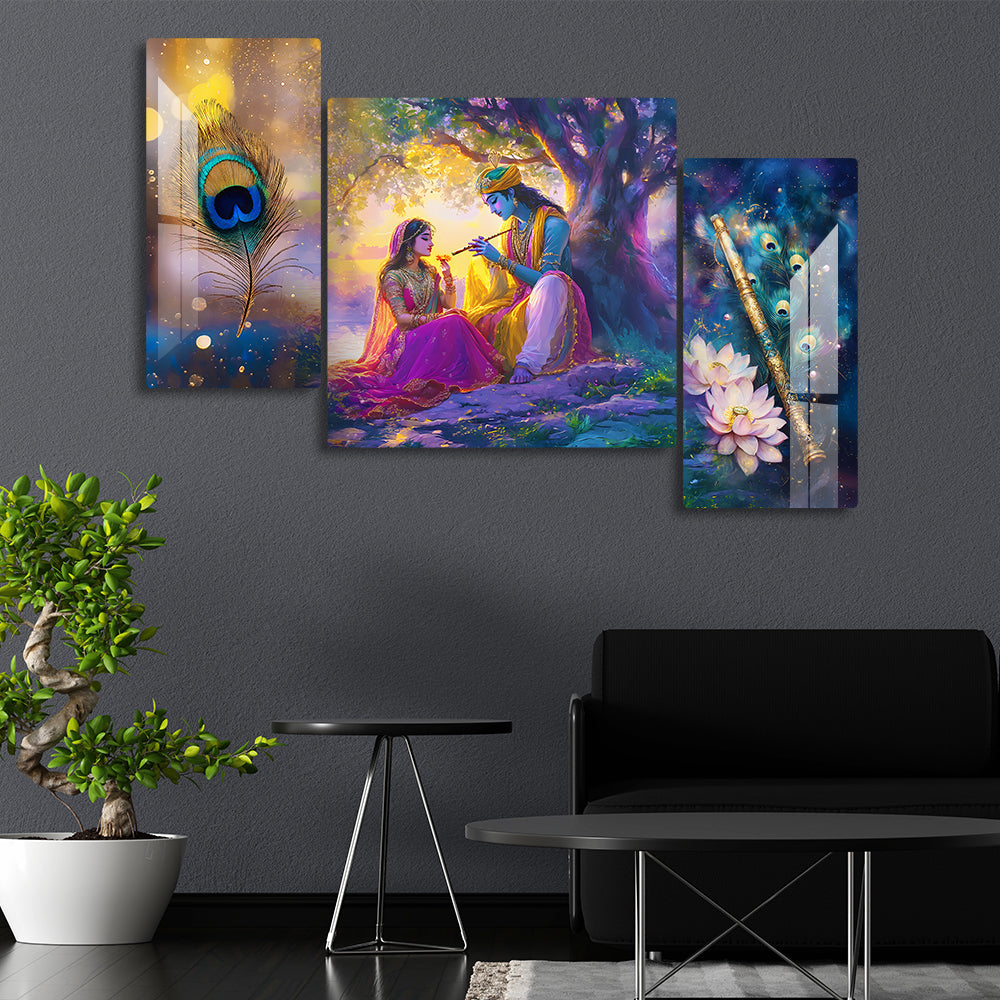 Luxury Radha Krishna Wall Art Set of 3 Glass Finishing Acrylic Painting with Flute, Lotus & Peacock Feather | Home Decor, Living Room & Gift Purpose