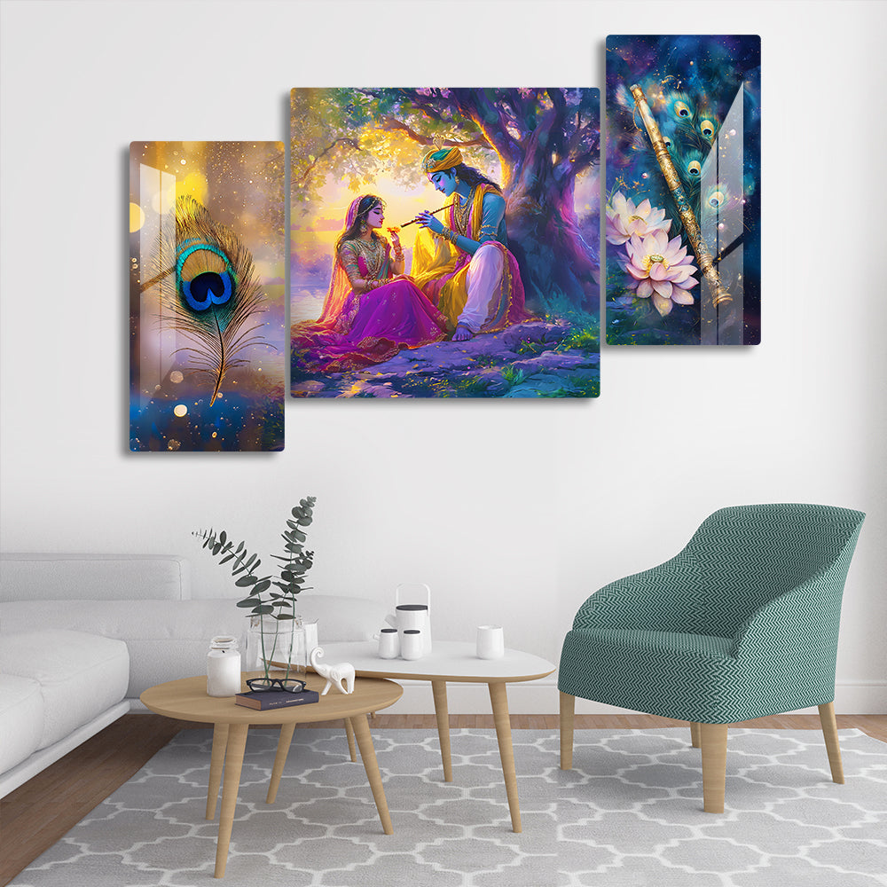 Radha Krishna wall art Hindu god painting Spiritual wall decor Meditation room art Radha Krishna with peacock painting Radha Krishna love story art