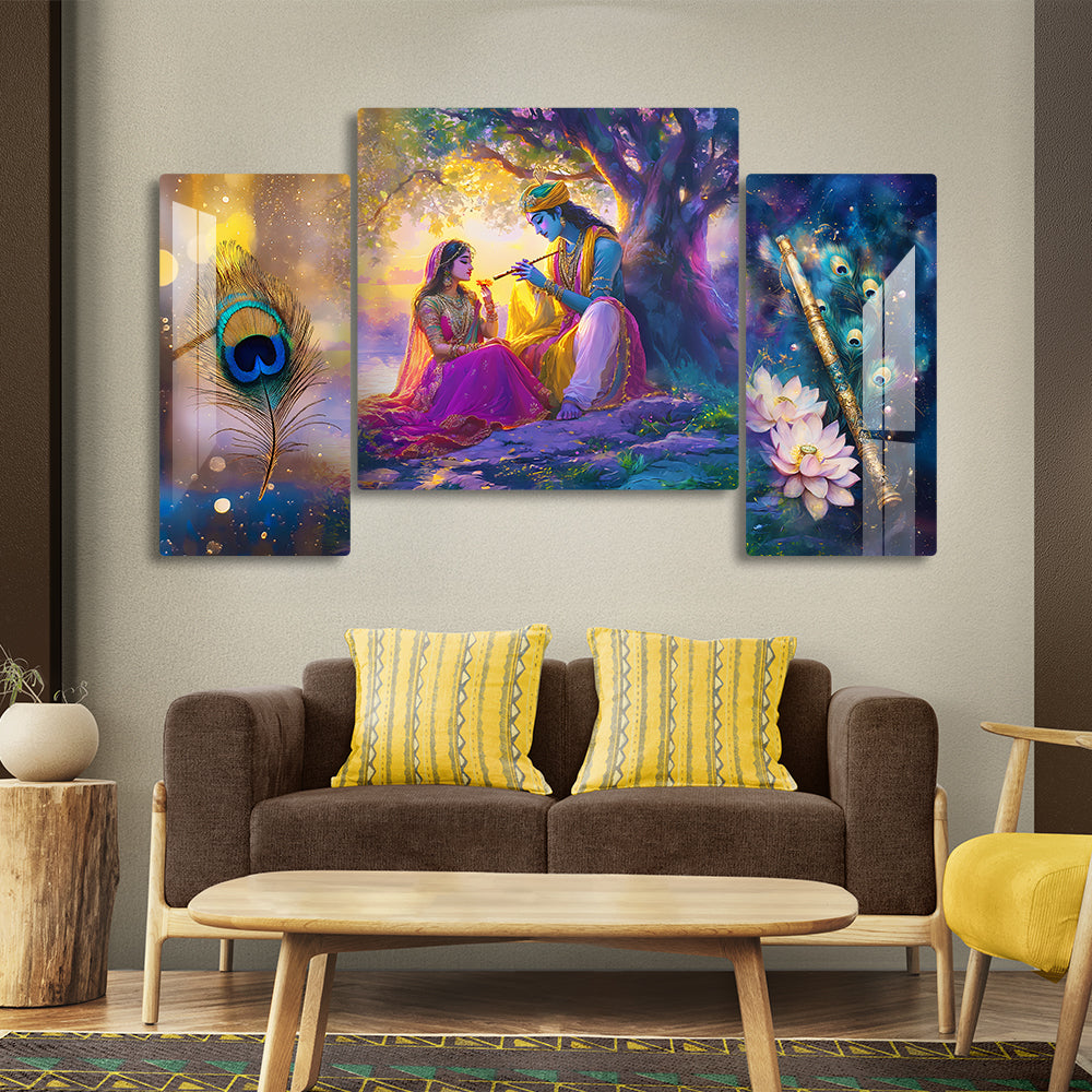 Luxury Radha Krishna Wall Art Set of 3 Glass Finishing Acrylic Painting with Flute, Lotus & Peacock Feather | Home Decor, Living Room & Gift Purpose