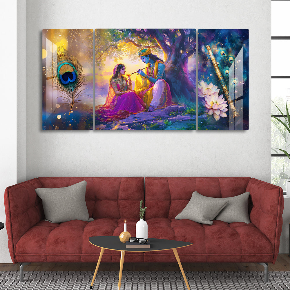 Luxury Radha Krishna Wall Art Set of 3 Glass Finishing Acrylic Painting with Flute, Lotus & Peacock Feather | Home Decor, Living Room & Gift Purpose