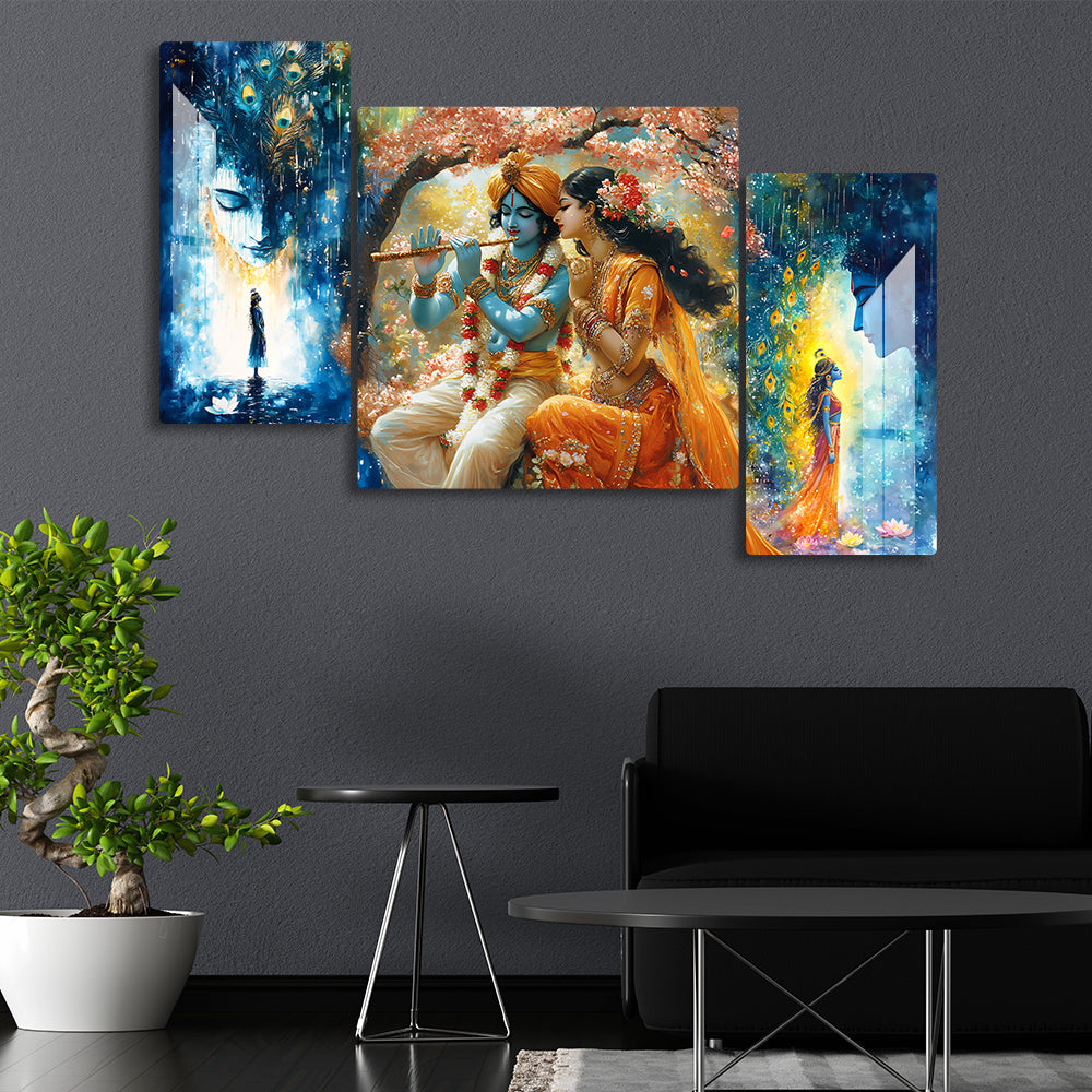 Radha Krishna Love Acrylic with Glossy Finish Wall Art Set of 3 - Divine Love Painting - Hindu God & Goddess Decor - Spiritual Artwork for Home & Meditation Space