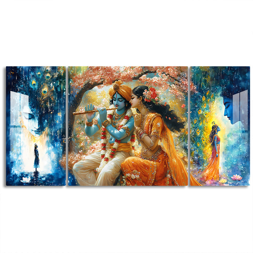 Radha Krishna Love Acrylic with Glossy Finish Wall Art Set of 3 - Divine Love Painting - Hindu God & Goddess Decor - Spiritual Artwork for Home & Meditation Space