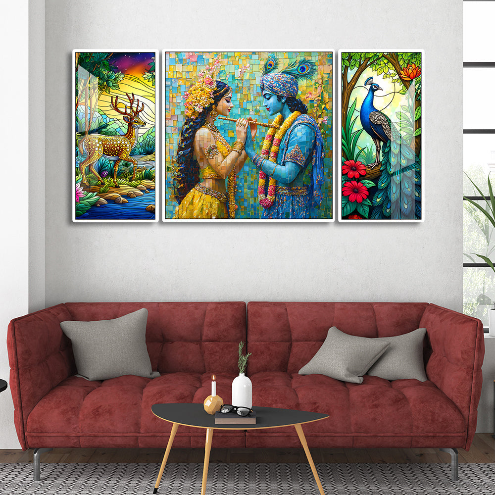 Radha Krishna Acrylic Wall Art Piece of 3 - Divine Love with Deer & Peacock - Hindu God & Goddess Decor - Spiritual Artwork for Home & Meditation Space