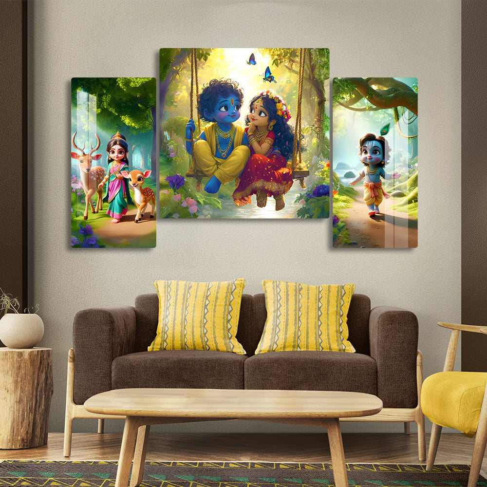 Premium Radha Krishna Acrylic Cartoon Wall Art | Modern Glossy Finishing Painting | 3 Panel Hindu God for Living Room, Puja Room