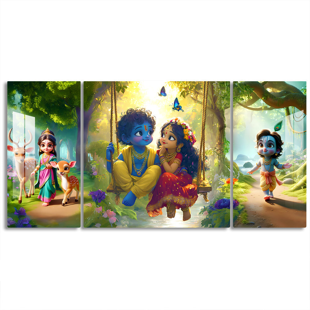Premium Radha Krishna Acrylic Cartoon Wall Art | Modern Glossy Finishing Painting | 3 Panel Hindu God for Living Room, Puja Room