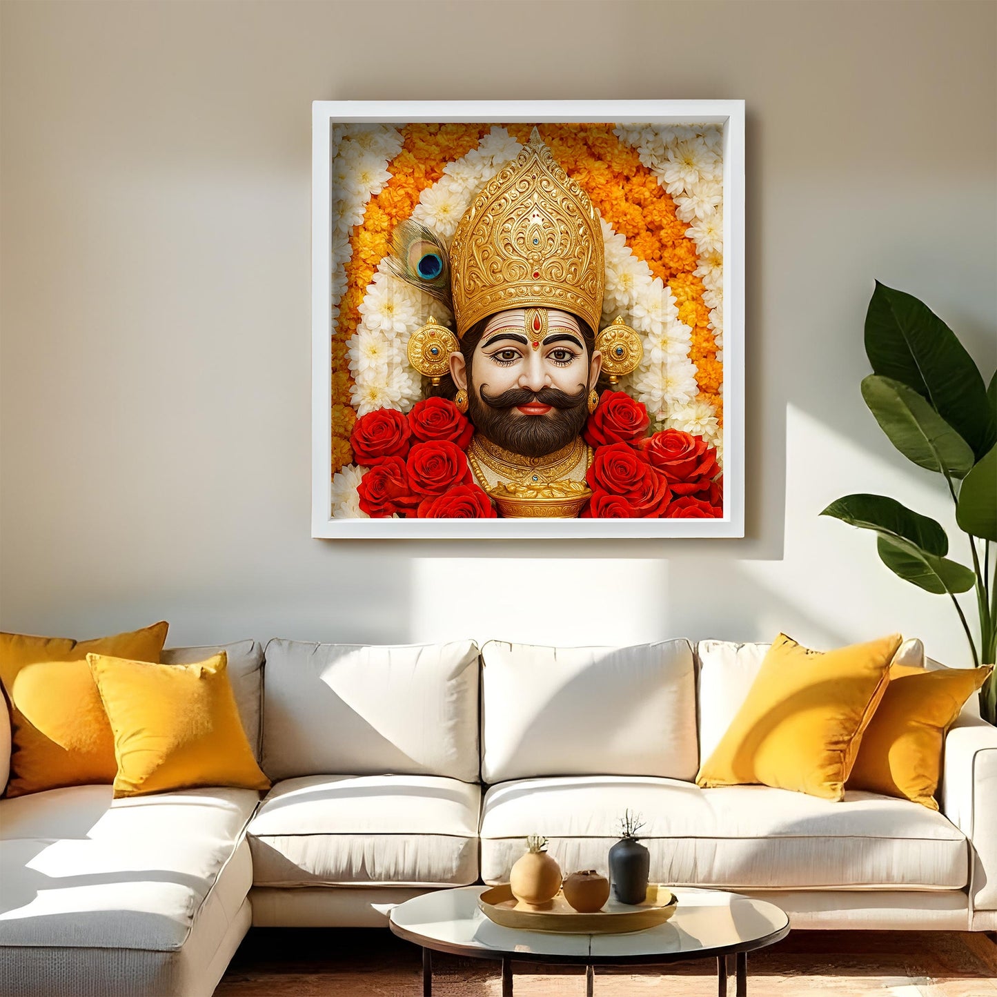 Khatu Shyam Ji Wall Art | Spiritual Acrylic Painting with White Frame | Hindu God Portrait for Pooja Room, Home Temple.