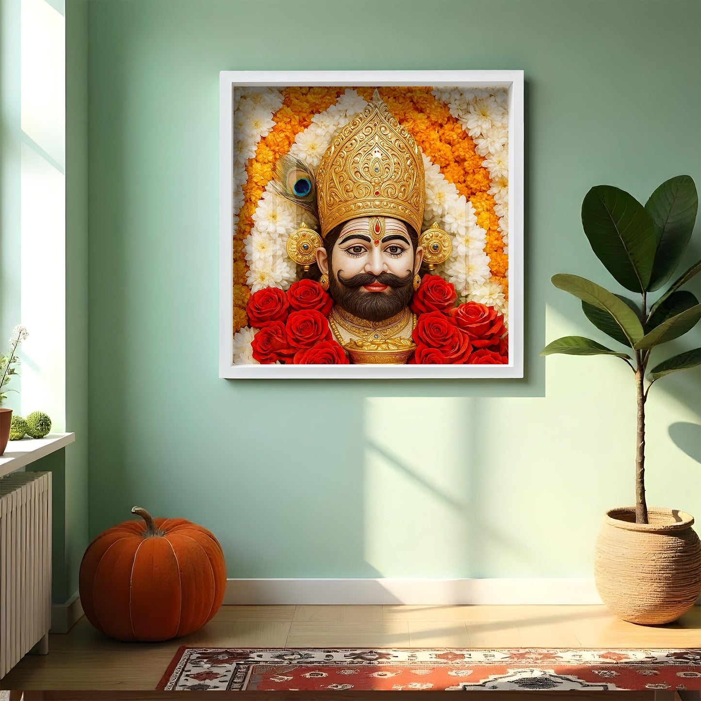 Khatu Shyam Ji Wall Art | Spiritual Acrylic Painting with White Frame | Hindu God Portrait for Pooja Room, Home Temple.