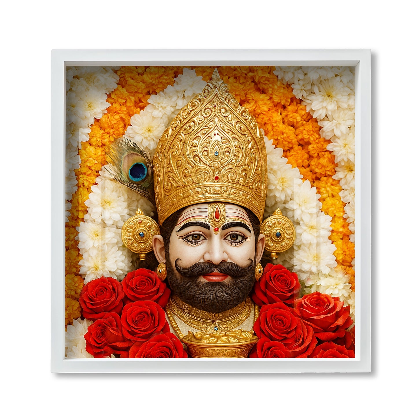 Khatu Shyam Ji Wall Art | Spiritual Acrylic Painting with White Frame | Hindu God Portrait for Pooja Room, Home Temple.