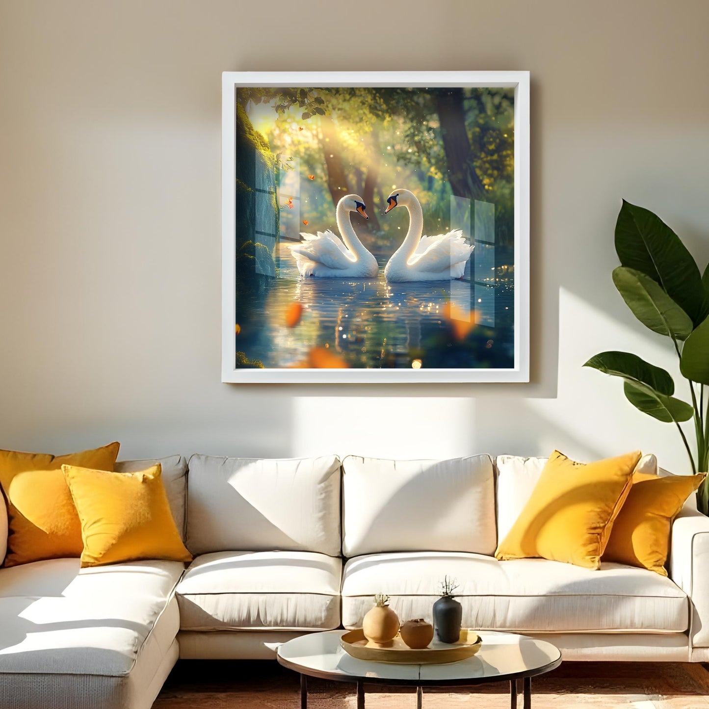 Swans Lotus Waterfall Acrylic Wall Painting with Frame Piece Nature-Inspired Wall Art for Home & Living Room Decor
