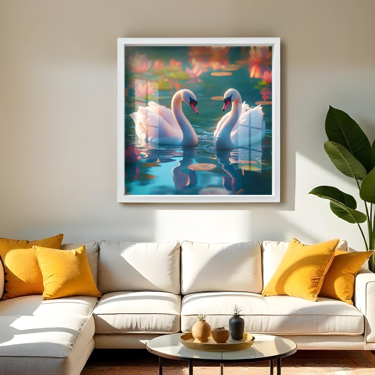 Swan Couple Lotus Acrylic Wall Painting with Frame | Nature-Inspired Vastu Wall Art for Home Decor