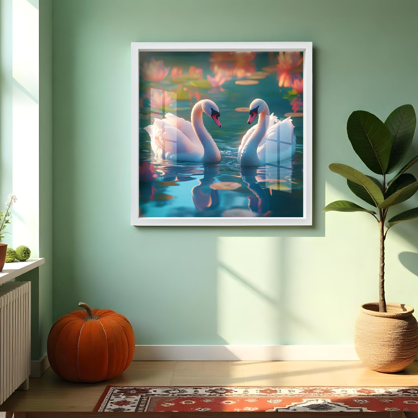 Swan Couple Lotus Acrylic Wall Painting with Frame | Nature-Inspired Vastu Wall Art for Home Decor