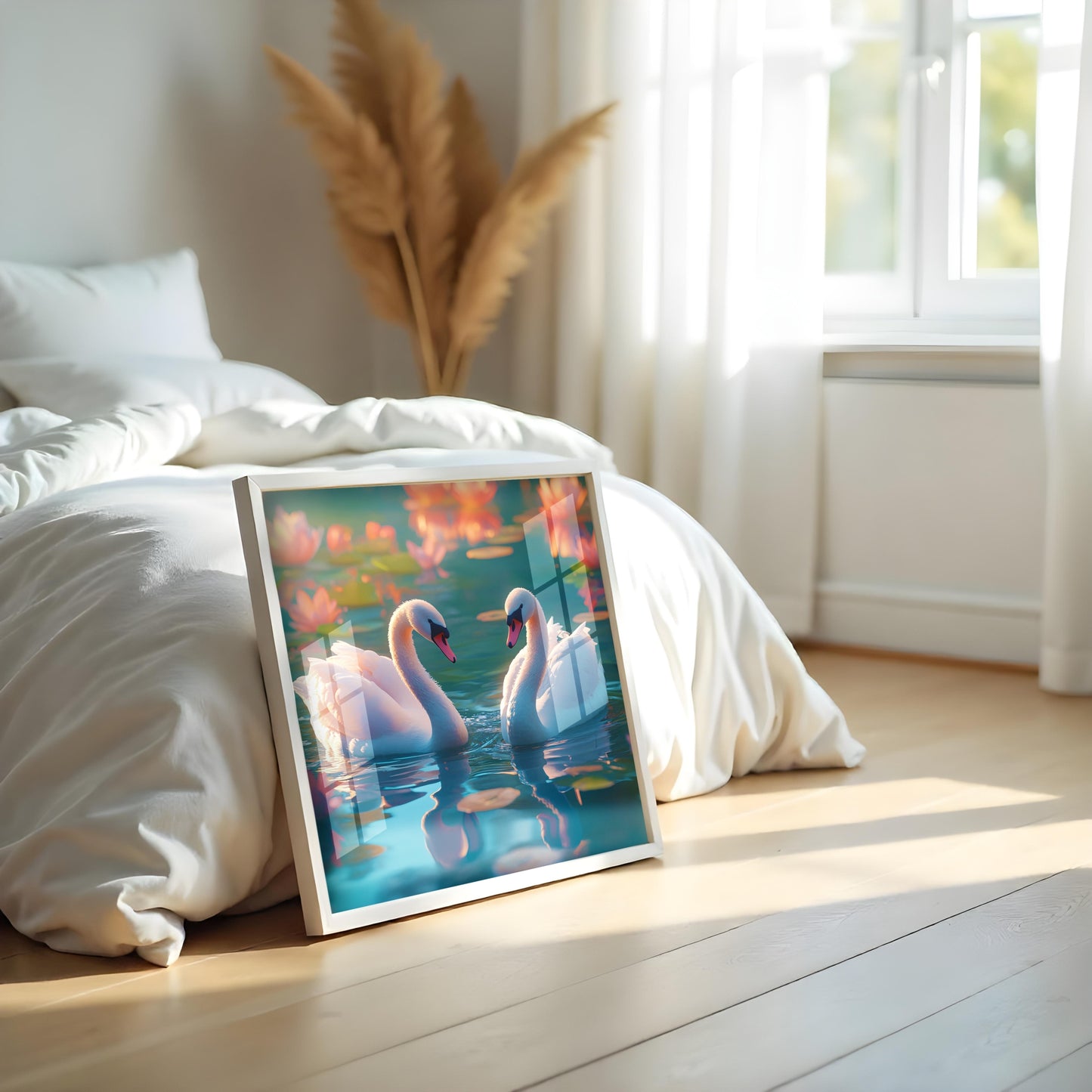 Swan Couple Lotus Acrylic Wall Painting with Frame | Nature-Inspired Vastu Wall Art for Home Decor