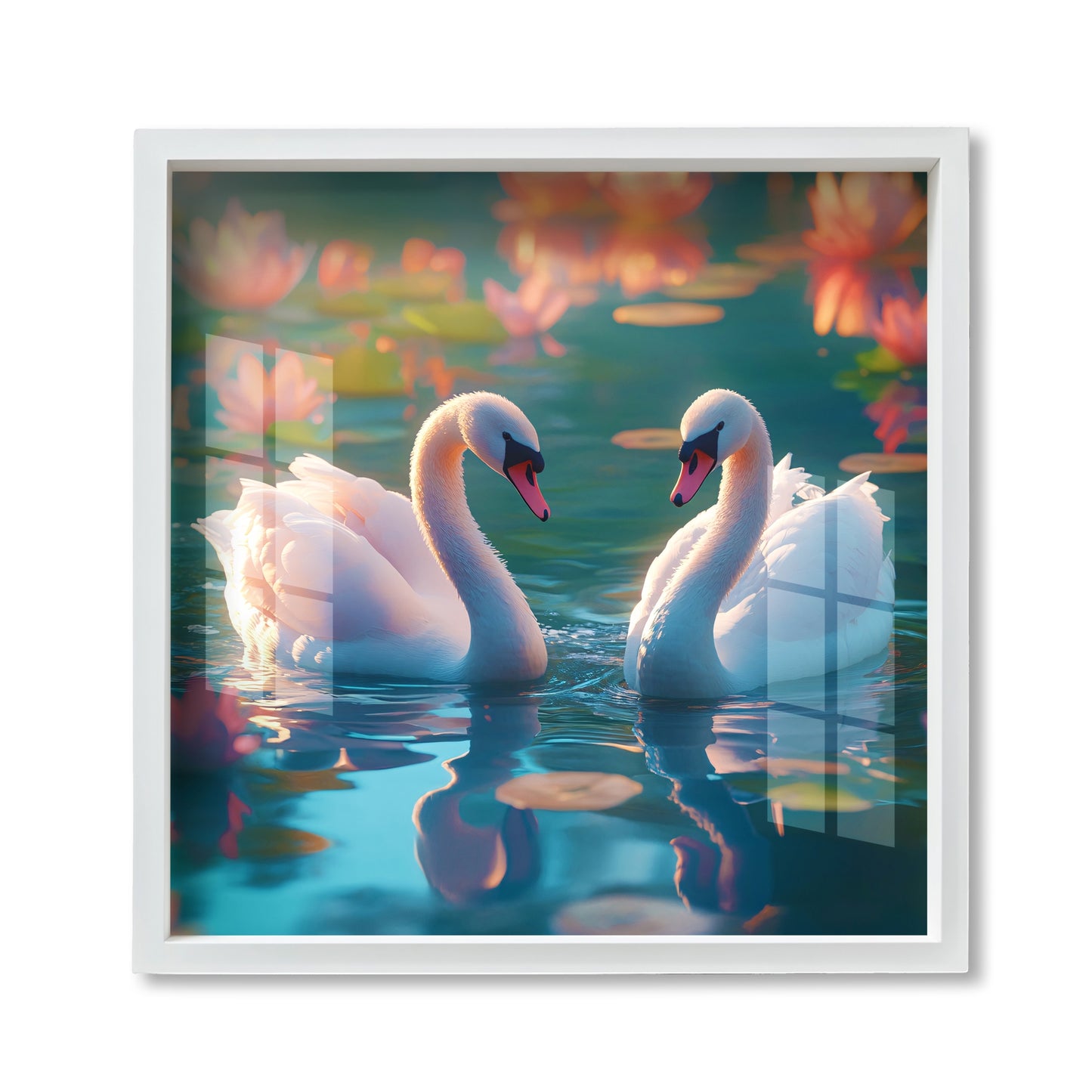 Swan Couple Lotus Acrylic Wall Painting with Frame | Nature-Inspired Vastu Wall Art for Home Decor