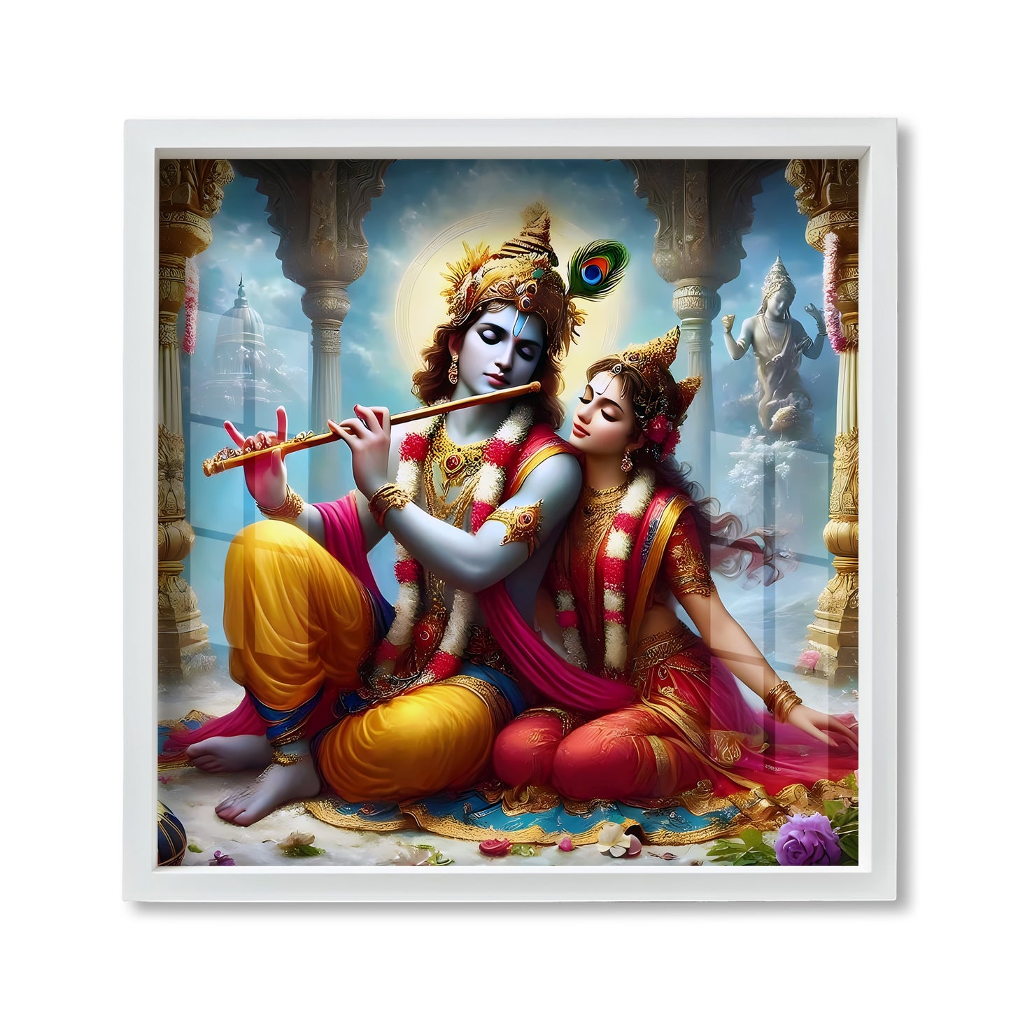 Radha Krishna Wall Art | Romantic Spiritual Acrylic Painting with Frame | Hindu God & Goddess Home Temple Decor