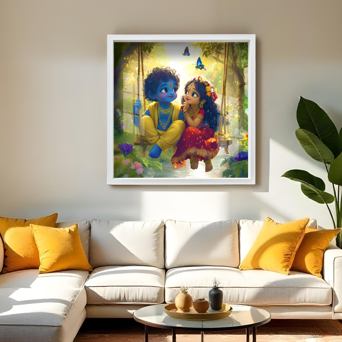 Premium Radha Krishna Acrylic Cartoon Wall Art | Modern Glossy Finishing Painting with Frame God for Living Room, Puja Room