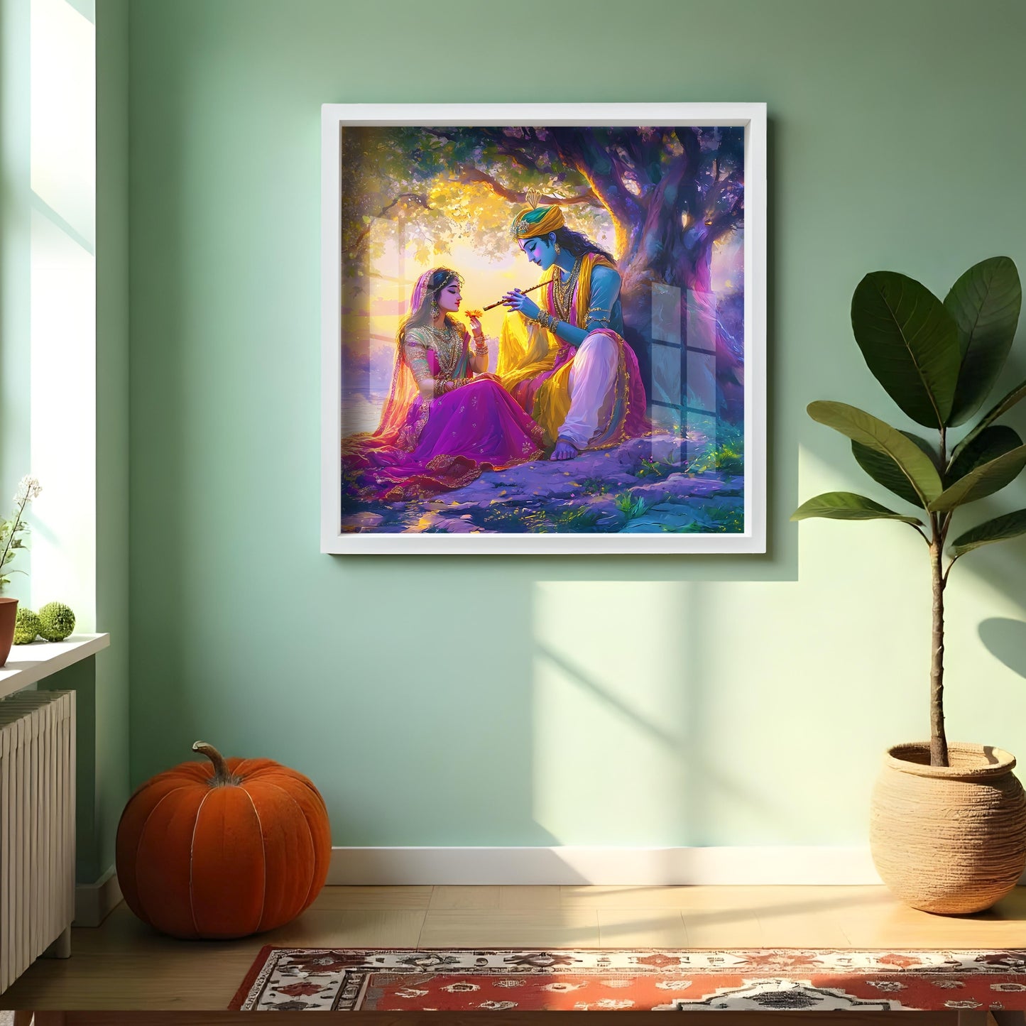 Luxury Radha Krishna Wall Art Frame Glass Finishing Acrylic Painting with Flute, Lotus & Peacock Feather
