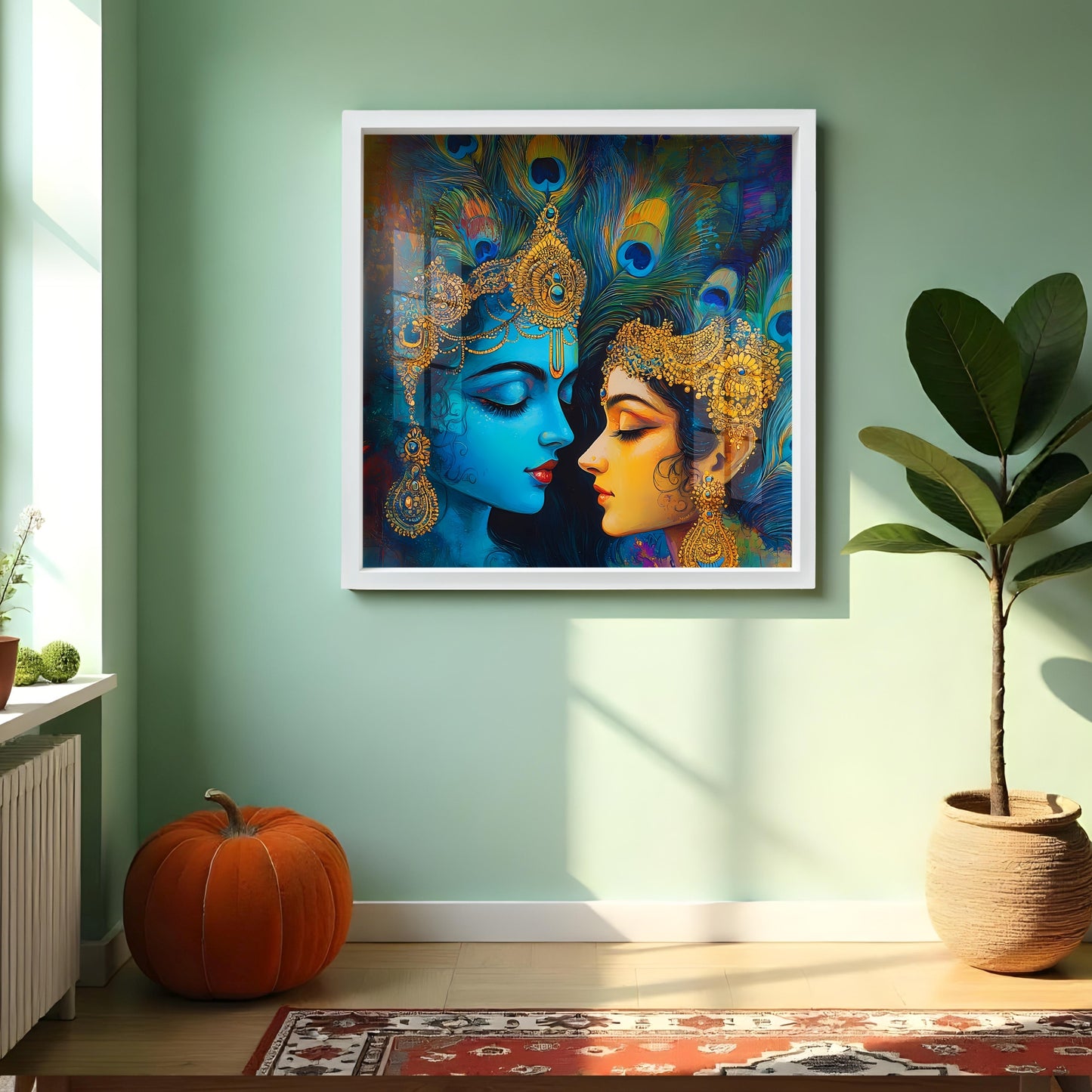 Modern Radha Krishna Love Wall Painting with Frame- Abstract - Vibrant Hindu Spiritual Decor for Contemporary Homes - Trending Indian Art