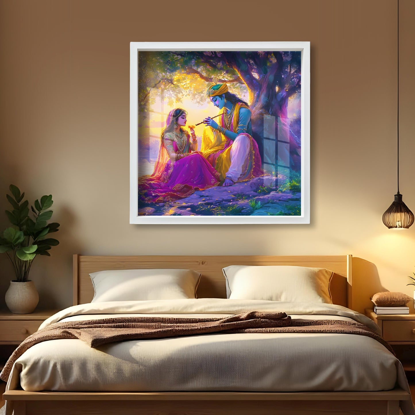 Luxury Radha Krishna Wall Art Frame Glass Finishing Acrylic Painting with Flute, Lotus & Peacock Feather