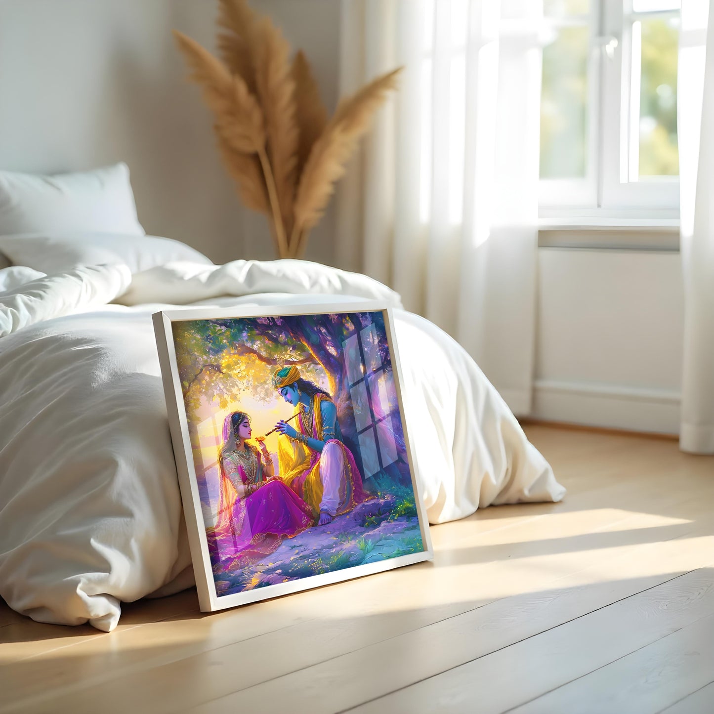 Luxury Radha Krishna Wall Art Frame Glass Finishing Acrylic Painting with Flute, Lotus & Peacock Feather