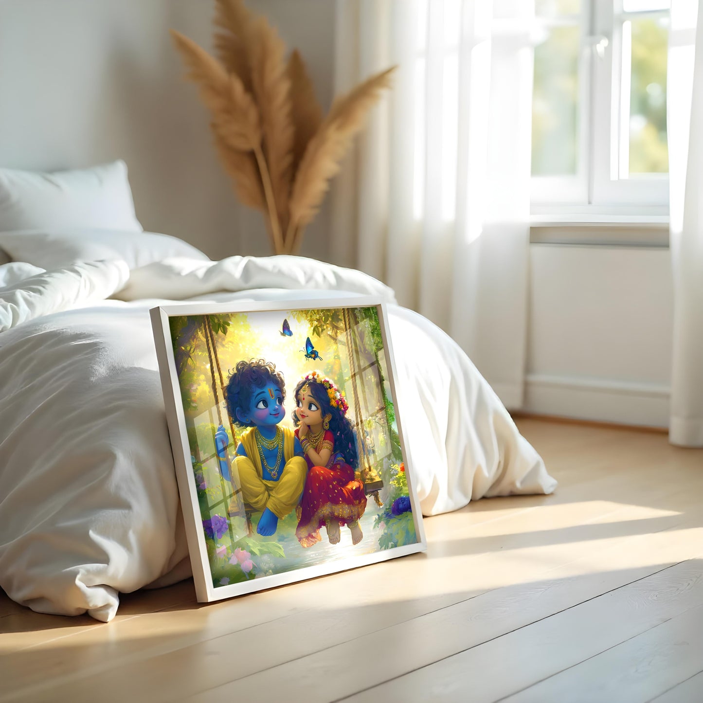 Premium Radha Krishna Acrylic Cartoon Wall Art | Modern Glossy Finishing Painting with Frame God for Living Room, Puja Room