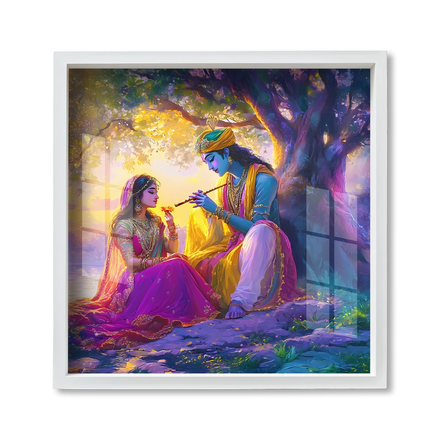 Luxury Radha Krishna Wall Art Frame Glass Finishing Acrylic Painting with Flute, Lotus & Peacock Feather