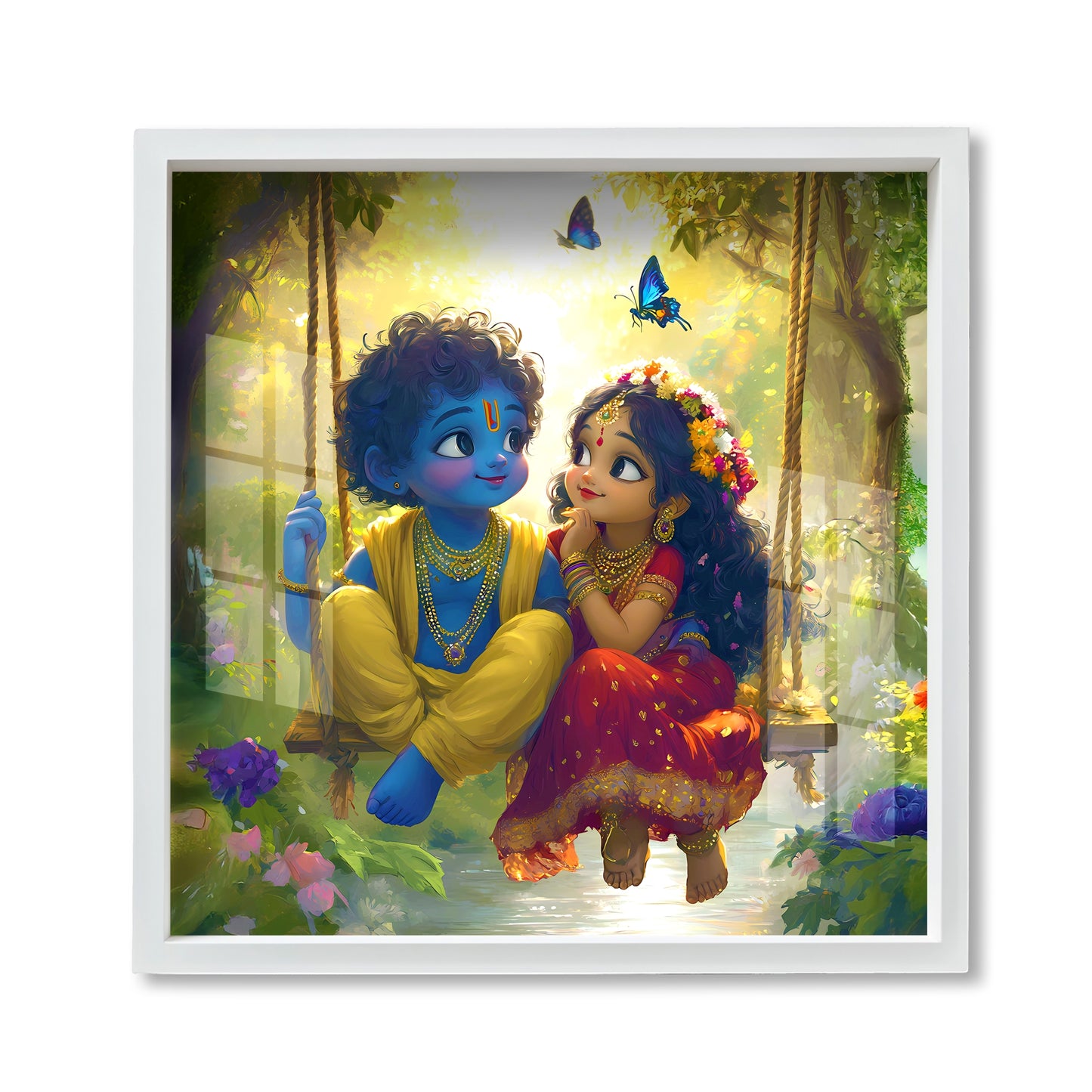 Premium Radha Krishna Acrylic Cartoon Wall Art | Modern Glossy Finishing Painting with Frame God for Living Room, Puja Room