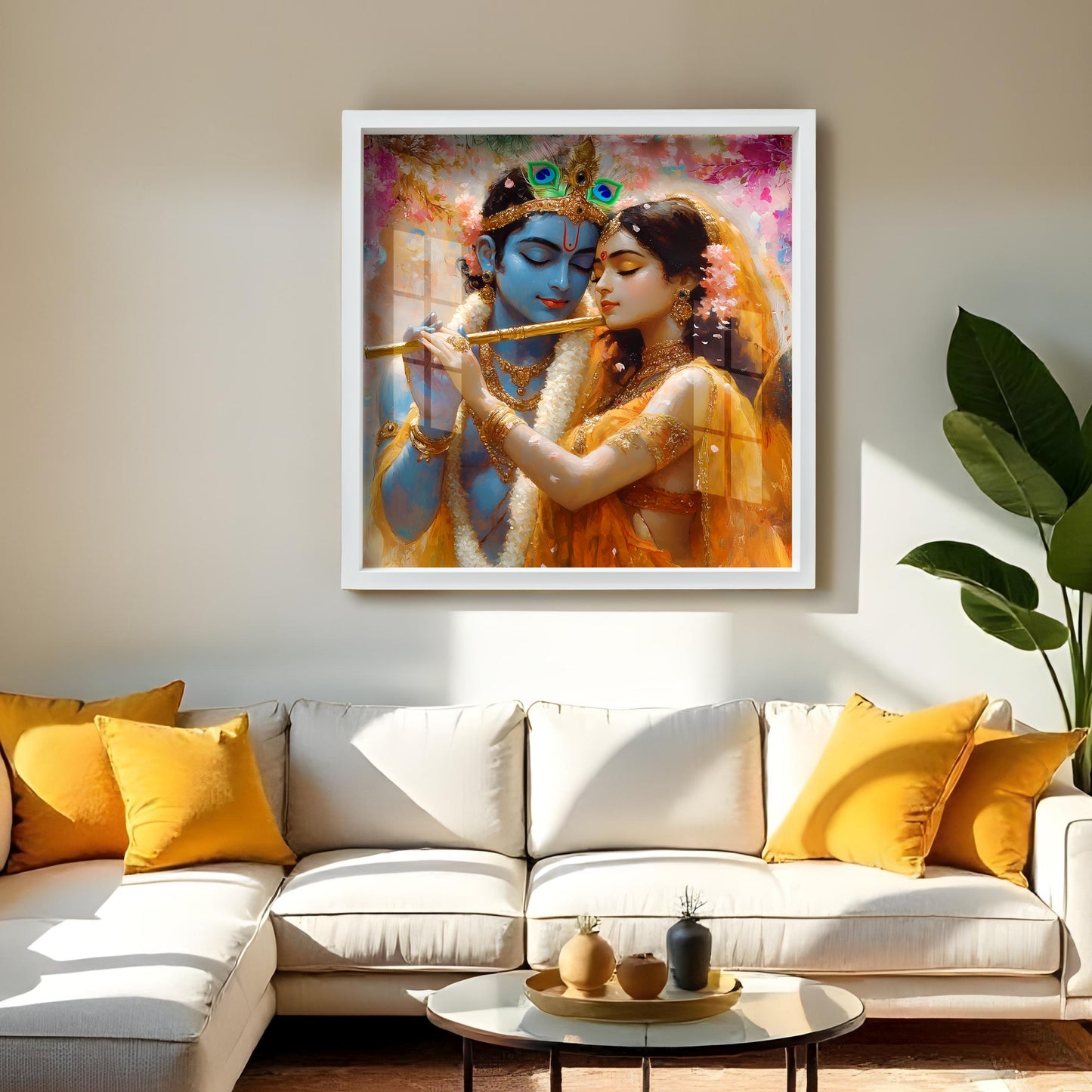 Premium Radha Krishna Acrylic Wall Art with Frame – Romantic Painting with Flute