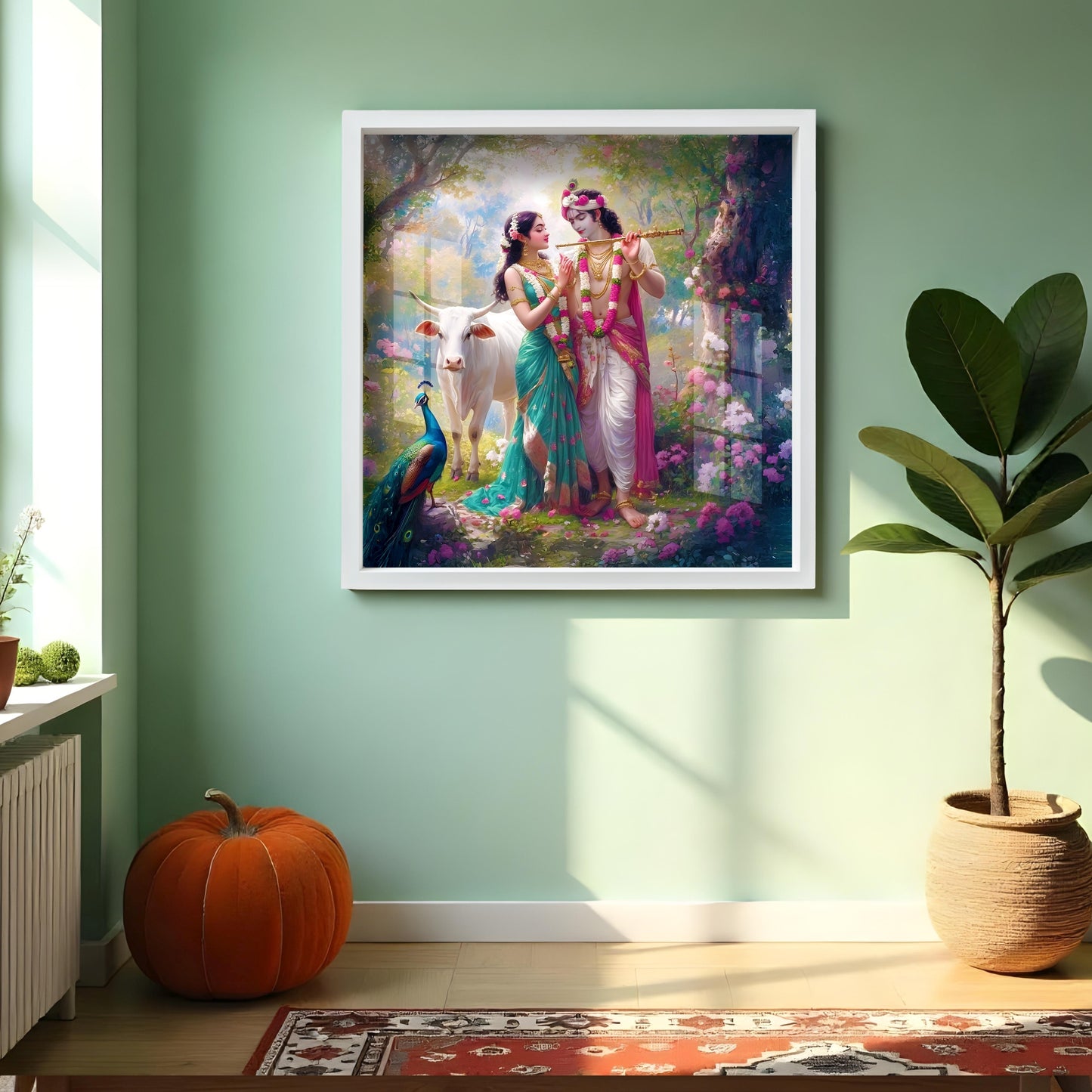 Radha Krishna Vrindavan Wall Art | Spiritual Acrylic Painting with White Frame | Hindu Couple Decor with Cow